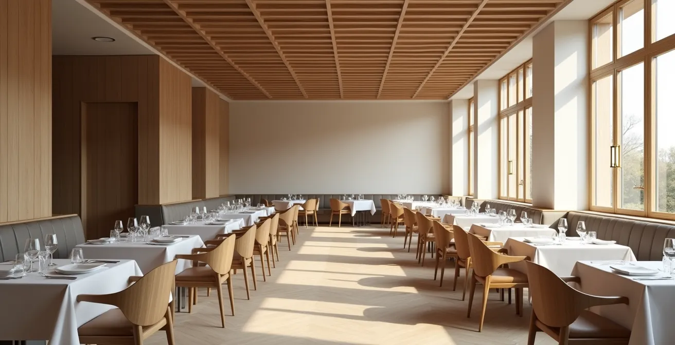 Ambiance feutrée d'un restaurant moderne avec panneaux acoustiques design intégrés à l'architecture