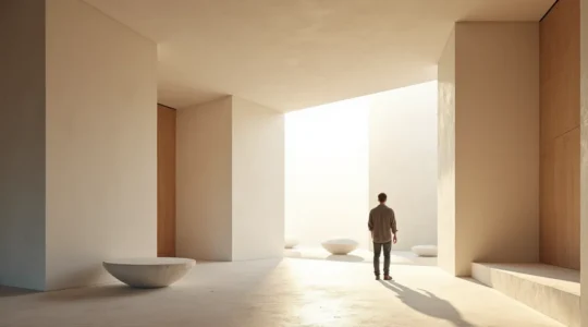 Espace architectural minimaliste où l'acoustique invisible transforme l'expérience sensorielle