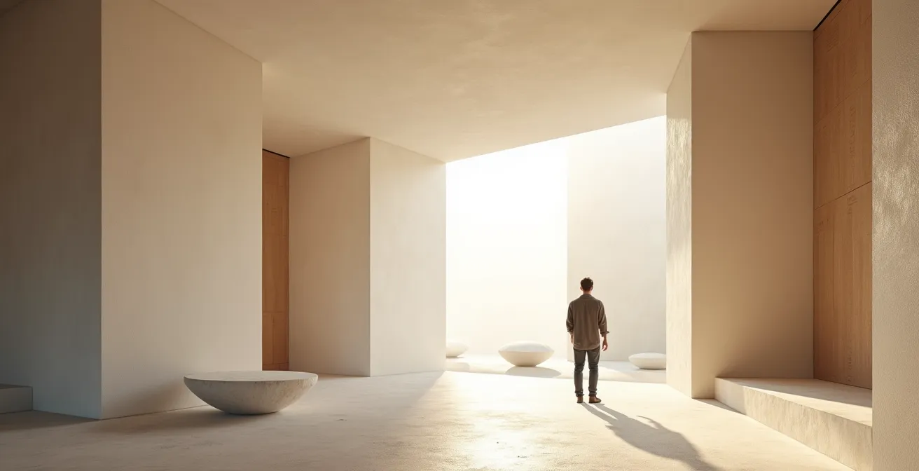 Espace architectural minimaliste où l'acoustique invisible transforme l'expérience sensorielle