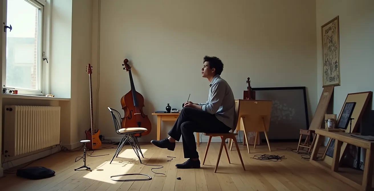 Un musicien solitaire en studio, explorant de nouveaux sons, libéré des modèles, trouvant sa propre voix musicale.