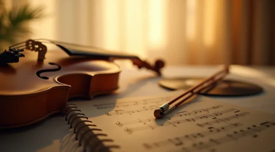 Scène minimaliste montrant des formes musicales abstraites entrelacées avec des éléments sensoriels - une onde sonore délicate ondulant à travers l'espace, symbolisant l'immatériel et l'émotion musicale.