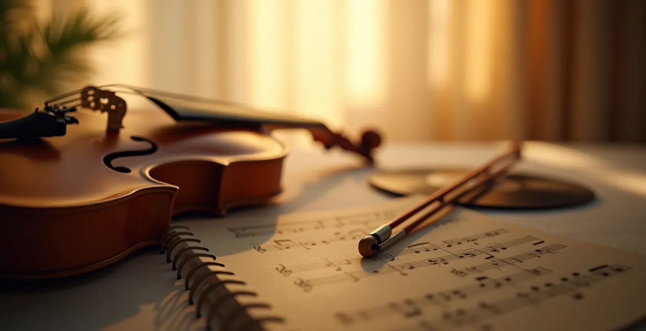 Scène minimaliste montrant des formes musicales abstraites entrelacées avec des éléments sensoriels - une onde sonore délicate ondulant à travers l'espace, symbolisant l'immatériel et l'émotion musicale.