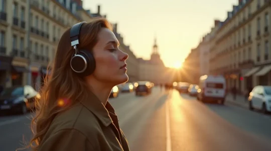 Personne écoutant de la musique avec un casque dans un environnement urbain avec des ondes sonores spatialisées autour d'elle