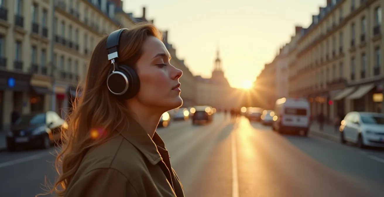 Personne écoutant de la musique avec un casque dans un environnement urbain avec des ondes sonores spatialisées autour d'elle
