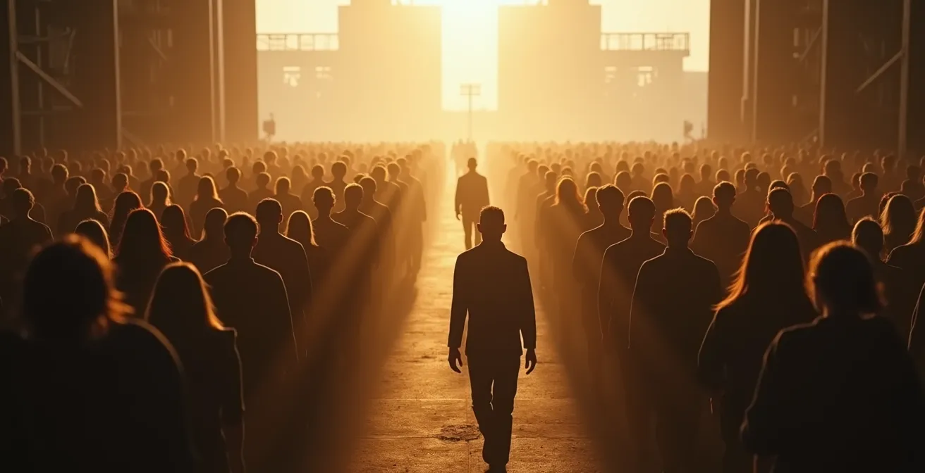 Plan séquence cinématographique montrant un artiste entouré de foule en marche, symbolisant la puissance collective de la chanson engagée