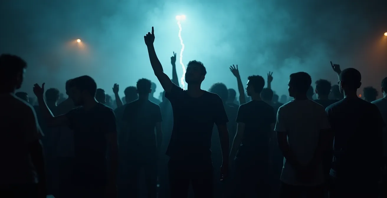Silhouettes de foule en action, éclairées par une lumière ambiante froide et dramatique, avec des microphones abstraits et des bras levés symbolisant l'émancipation collective à travers la musique.