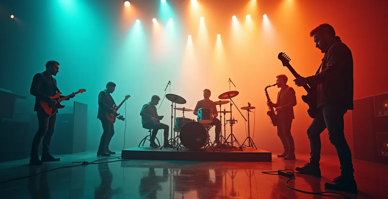 Illustration montrant l'évolution et l'interconnexion des genres musicaux du jazz au rock au hip-hop