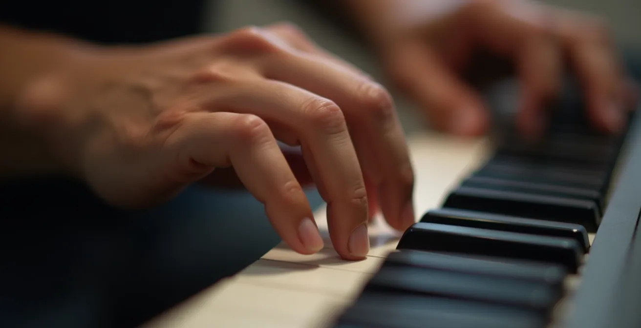 Gros plan des mains d'un débutant qui découvre l'improvisation sur un clavier, l'expression concentrée mais satisfaite.