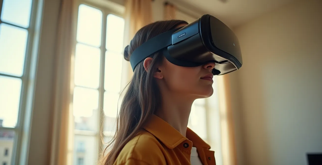 Personne portant un casque de réalité virtuelle dans un espace lumineux minimaliste suggérant une immersion dans un monde virtuel