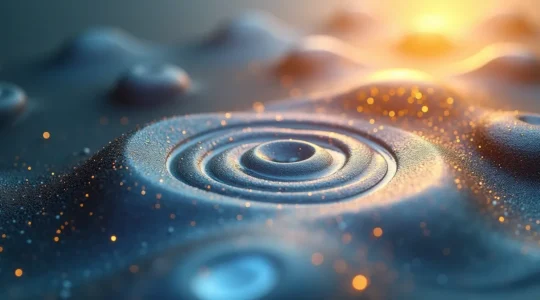 Composition artistique montrant l'interaction des sens : vibrations sonores, projections lumineuses colorées, et textures visuelles dans un espace immersif.