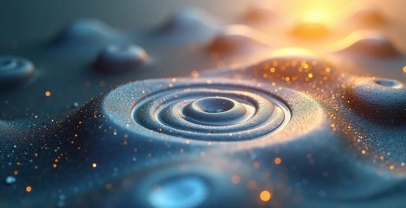 Composition artistique montrant l'interaction des sens : vibrations sonores, projections lumineuses colorées, et textures visuelles dans un espace immersif.