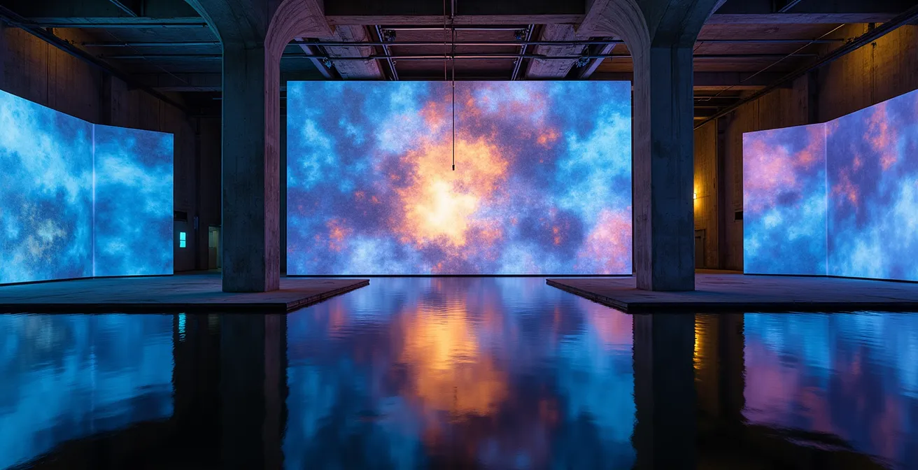 Intérieur des Bassins des Lumières avec projections de formes géométriques colorées sur les parois béton d'une ancienne base sous-marine, reflets dans l'eau.