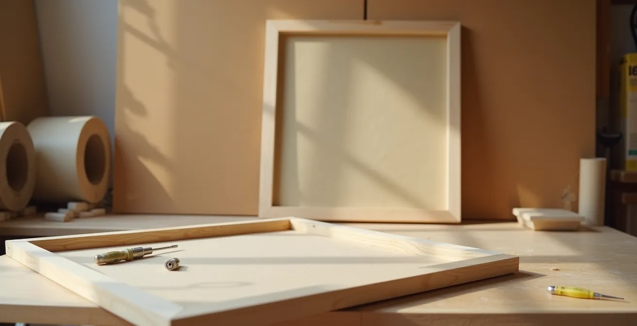 Vue d'atelier avec cadre en bois pour panneau acoustique DIY et laine de roche prête à être installée