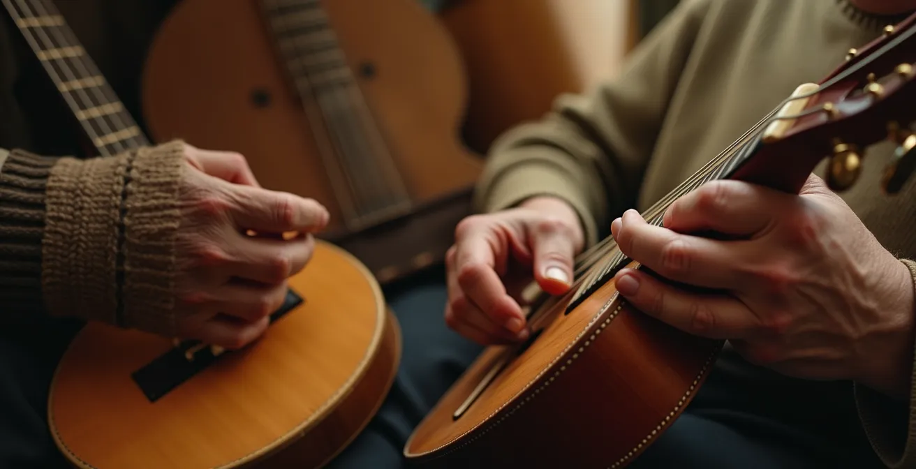 Évocation visuelle des musiques traditionnelles classées UNESCO avec instruments et atmosphères culturelles