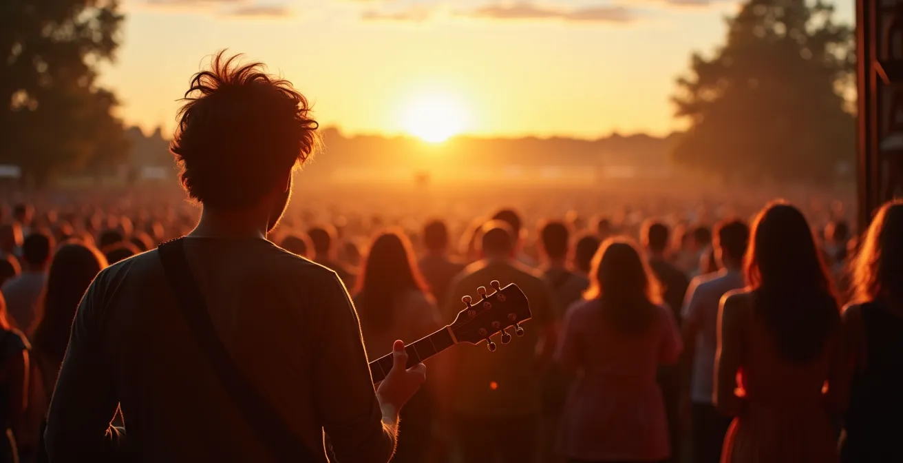 Ambiance d'un festival de musiques traditionnelles avec public intergénérationnel et musiciens
