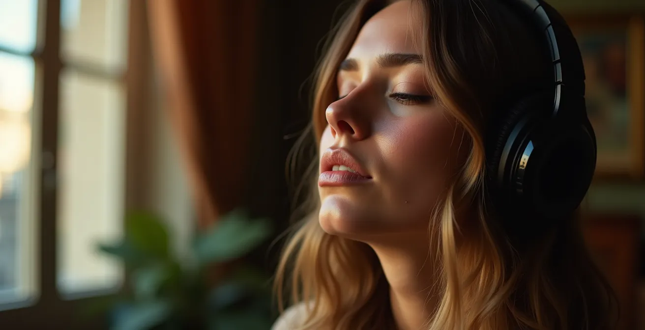 Personne touchée par l'émotion musicale dans un environnement intime français