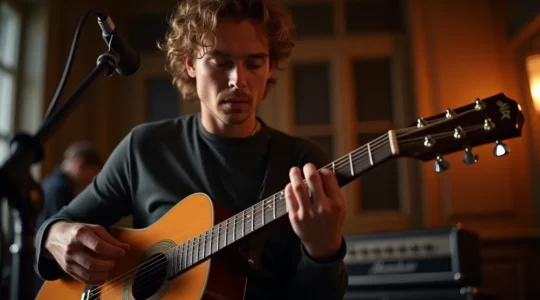 Guitariste concentré lors d'une performance technique à la guitare électrique sur scène
