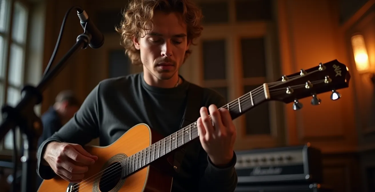 Guitariste concentré lors d'une performance technique à la guitare électrique sur scène