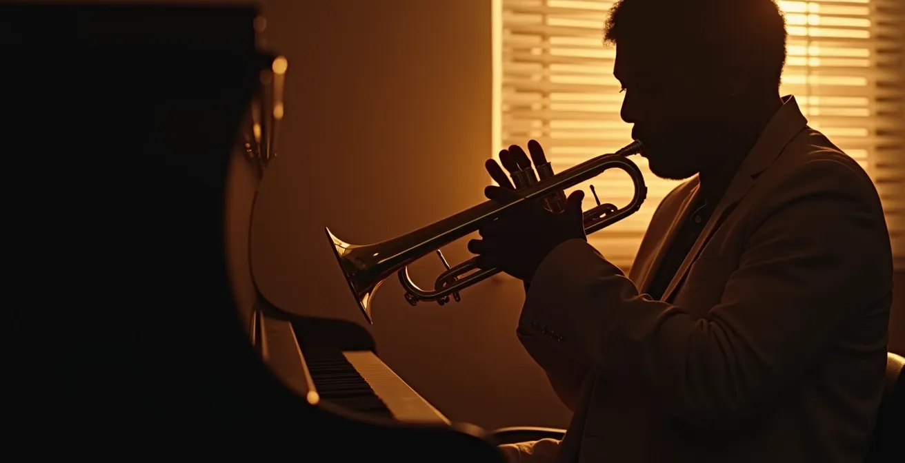 Un musicien en pleine improvisation, mains flues sur son instrument, dans une atmosphère de concentration créative et d'écoute active intense.