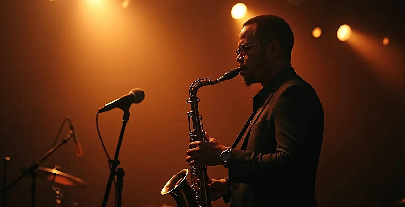 Image illustrant l'essence du jazz : liberté, improvisation et passion musicale à travers une composition symbolique