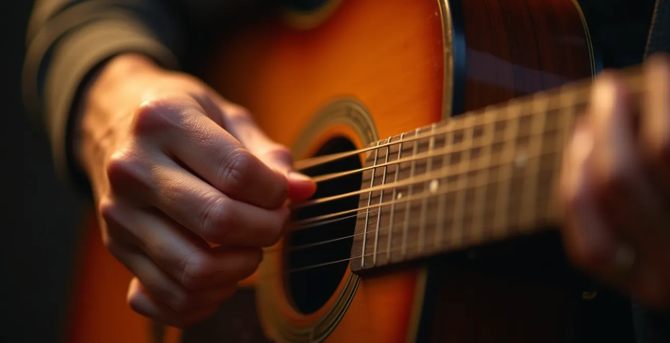 Gros plan sur les mains d'un guitariste exprimant l'émotion à travers le jeu sur les cordes