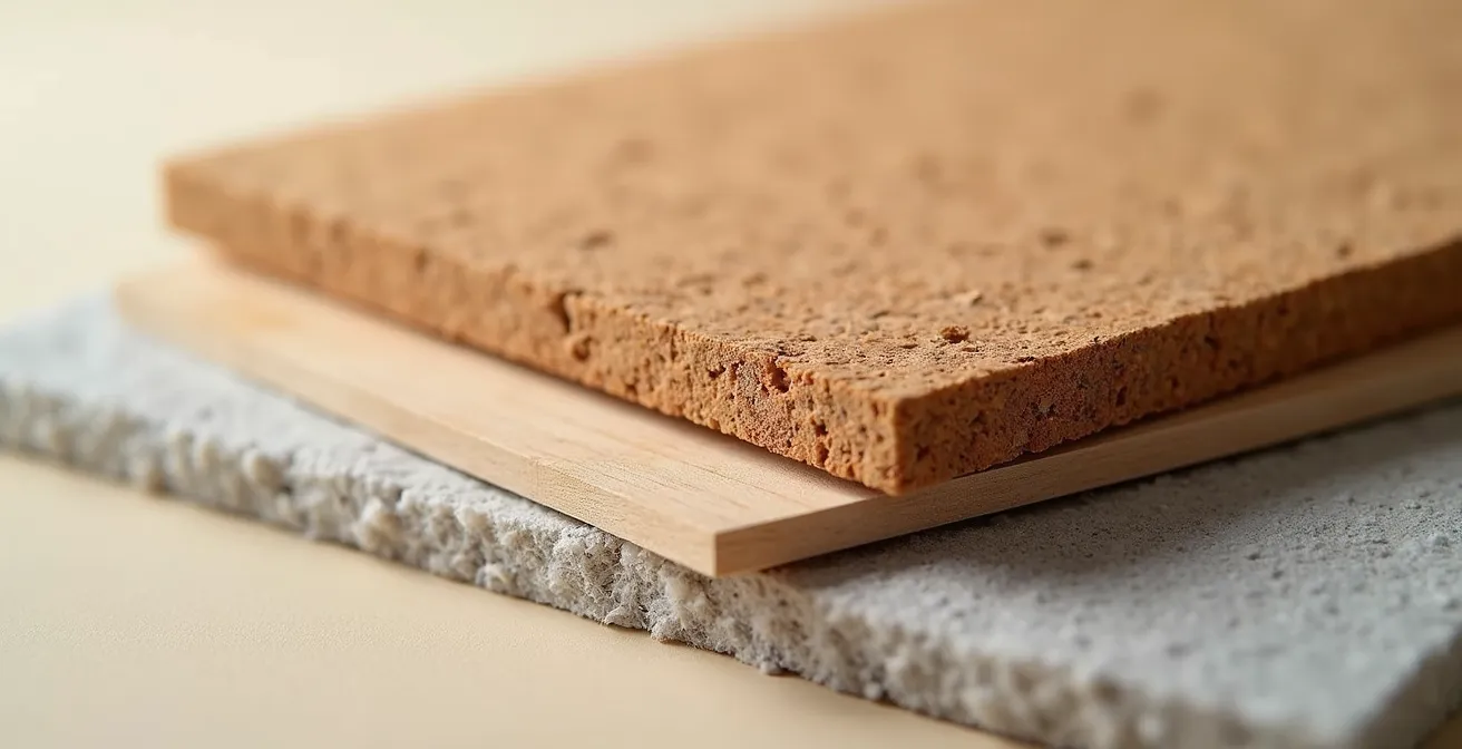 Gros plan sur des matériaux acoustiques écologiques français : panneaux de liège naturel et laine de bois texturée