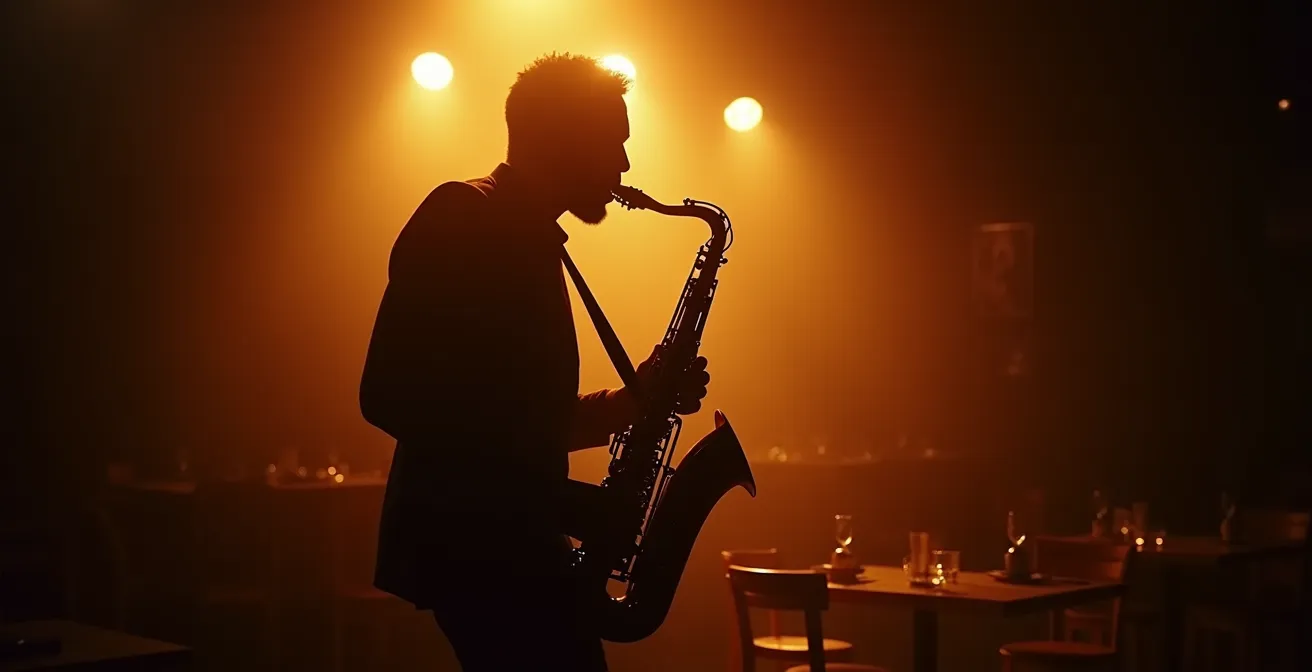 Musicien de jazz en état de flow lors d'une improvisation en concert