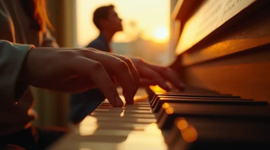 Portrait émotion universelle musique, mains jouant piano éclairage doré, silhouette humaine vibrante