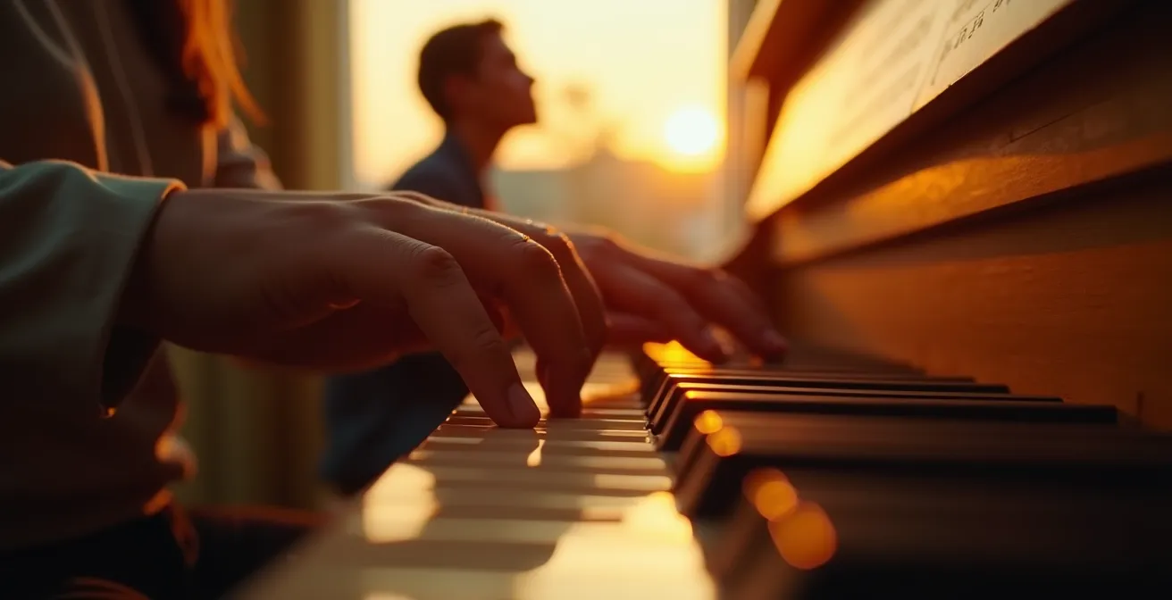 Portrait émotion universelle musique, mains jouant piano éclairage doré, silhouette humaine vibrante
