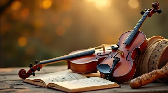 Représentation symbolique du patrimoine musical français avec instruments traditionnels et diversité culturelle