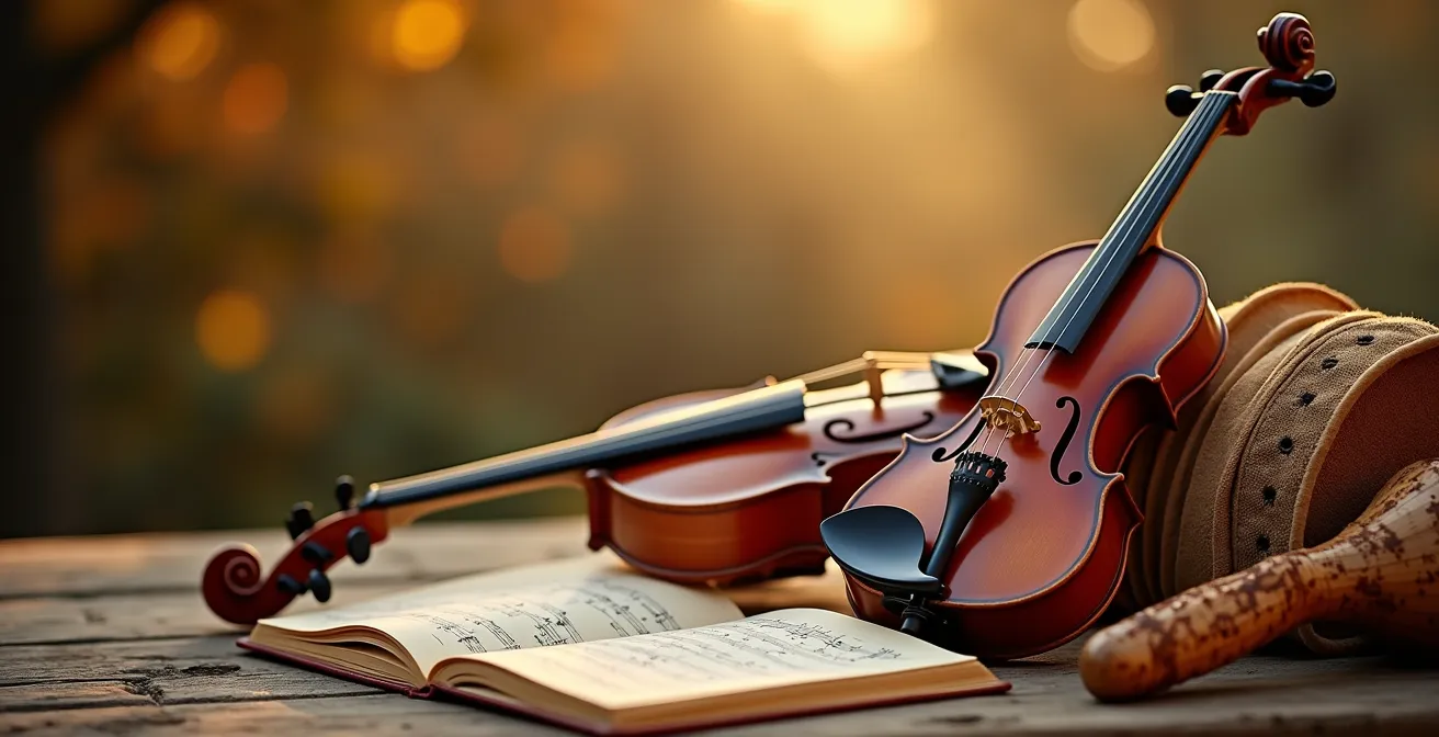 Représentation symbolique du patrimoine musical français avec instruments traditionnels et diversité culturelle