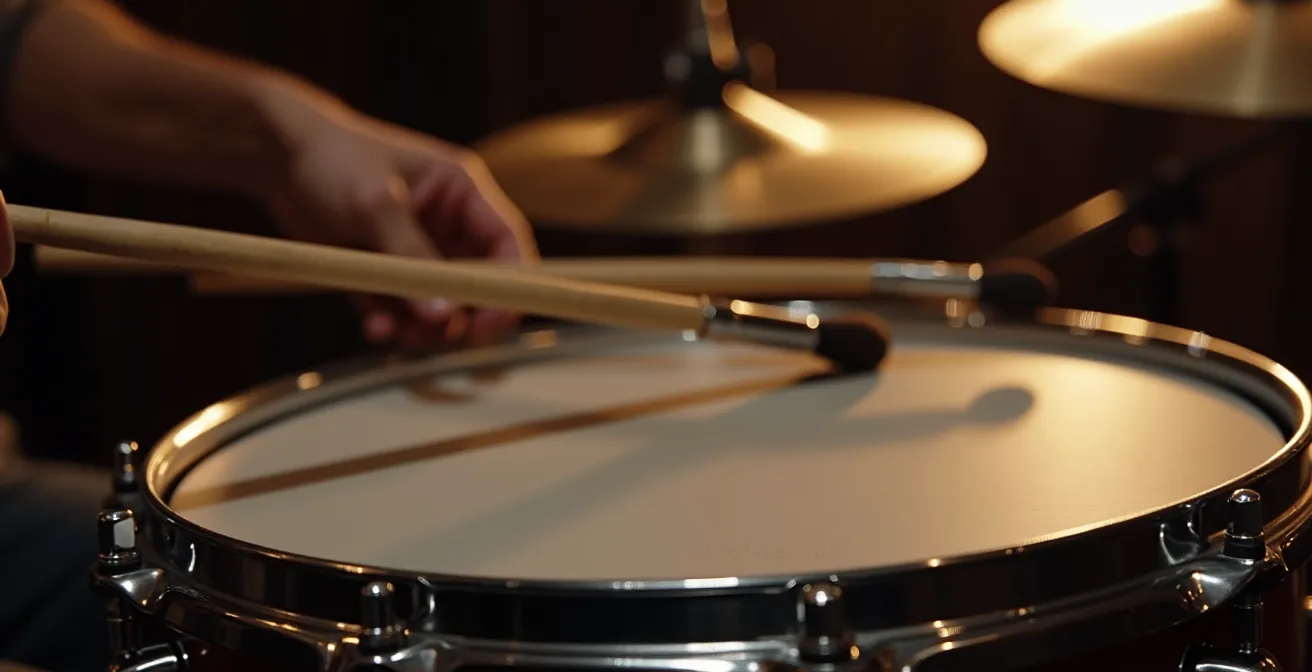 Batterie et percussions en gros plan, montrant l'accent sur le troisième temps, essence du 'one drop' reggae.