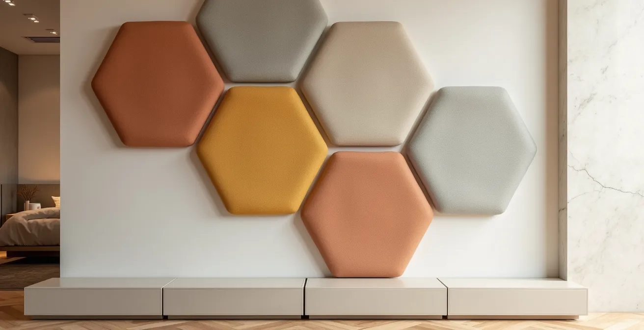 Composition murale de panneaux acoustiques modulaires de formes géométriques variées en tons naturels