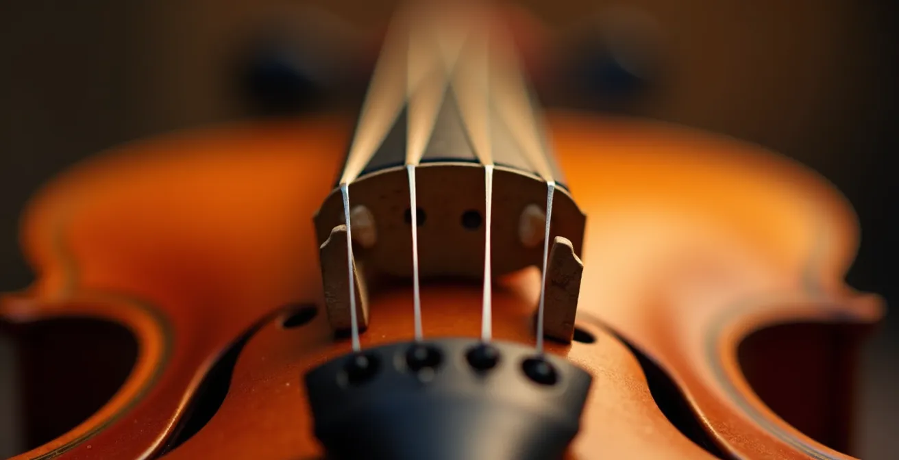 Gros plan macro des cordes de violon avec une profondeur de champ extrême, révélant les fibres individuelles, baignées d'une lumière latérale douce rappelant l'univers musical sophistiqué.