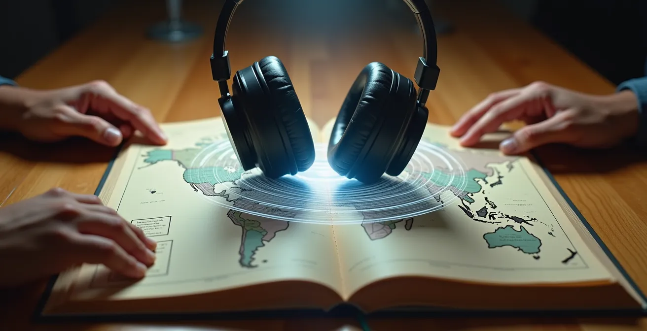 Casque audio flottant sur un atlas ouvert, avec des traces de mains de diverses cultures touchant la surface, et des ondes sonores émanant du casque.