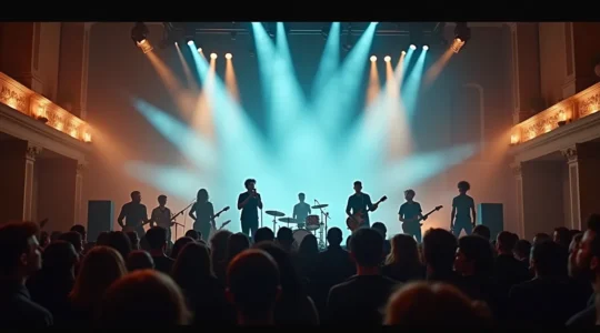 Composition visuelle representant des artistes en concert avec des symboles de protestation musicale dans un cadre urbain francais