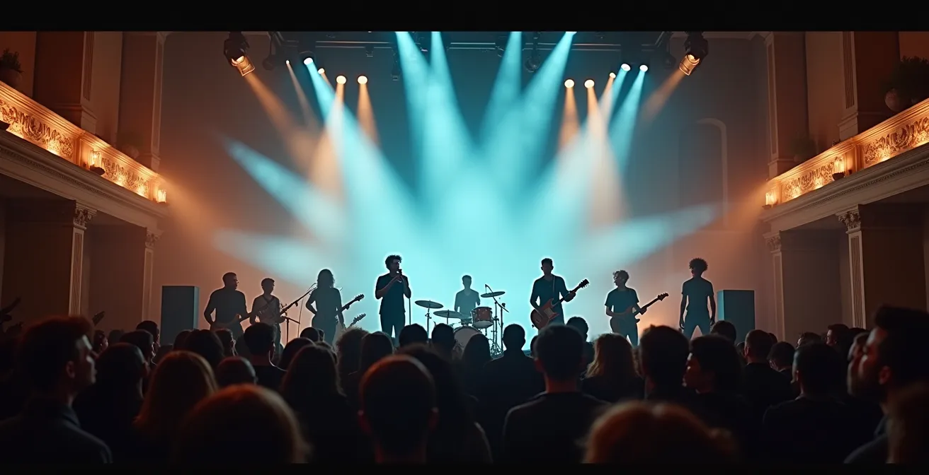 Composition visuelle representant des artistes en concert avec des symboles de protestation musicale dans un cadre urbain francais