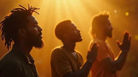 Portraits texturés de musiciens reggae dans une atmosphère spirituelle, symboles de résistance et de lutte contre l'oppression.