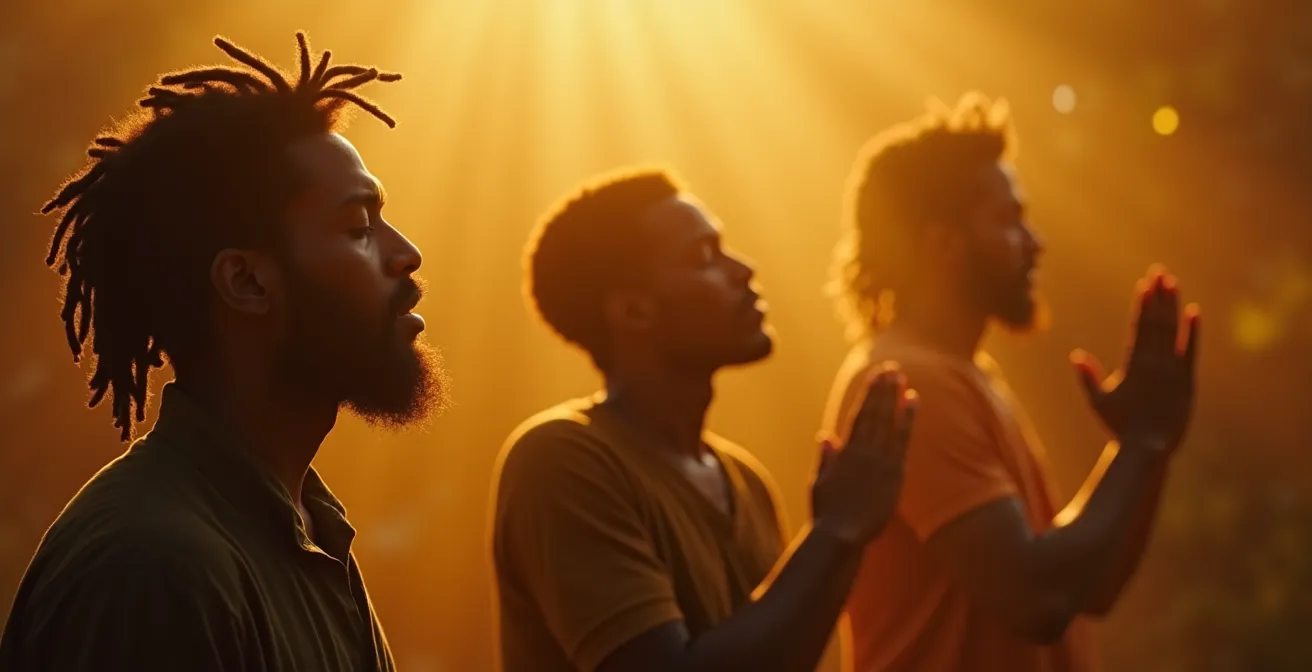 Portraits texturés de musiciens reggae dans une atmosphère spirituelle, symboles de résistance et de lutte contre l'oppression.