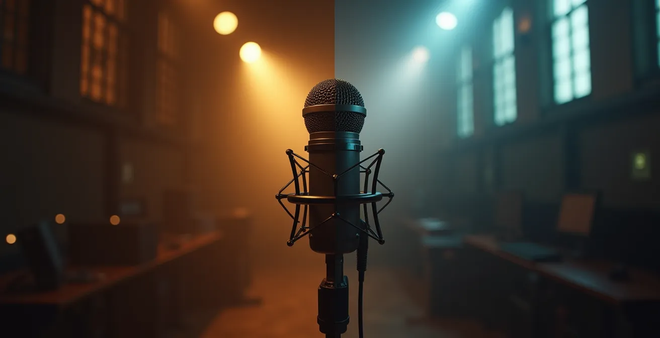 Composition symbolique montrant l'équilibre entre la liberté d'expression musicale et le contrôle du pouvoir, avec des éléments visuels français