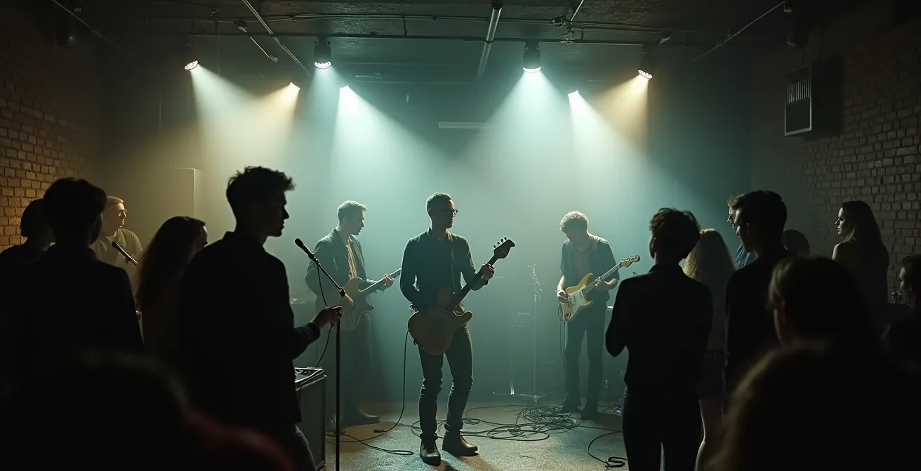 Scène underground parisienne des années 1970, ambiance punk avec musiciens jouant sur une petite scène improvisée dans un lieu alternatif