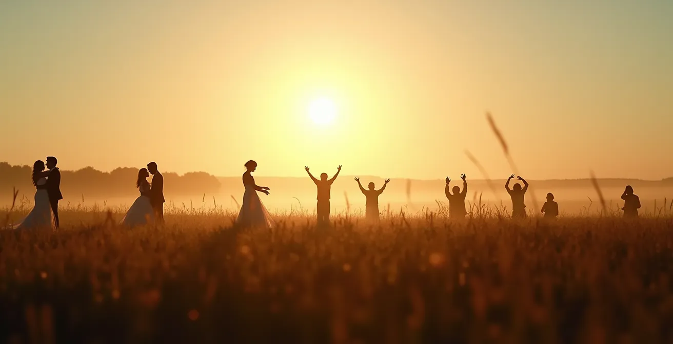 Silhouettes humaines dansant lors de rituels comme des noces, des fêtes saisonnières ou des moments de deuil, dans un paysage français au crépuscule.