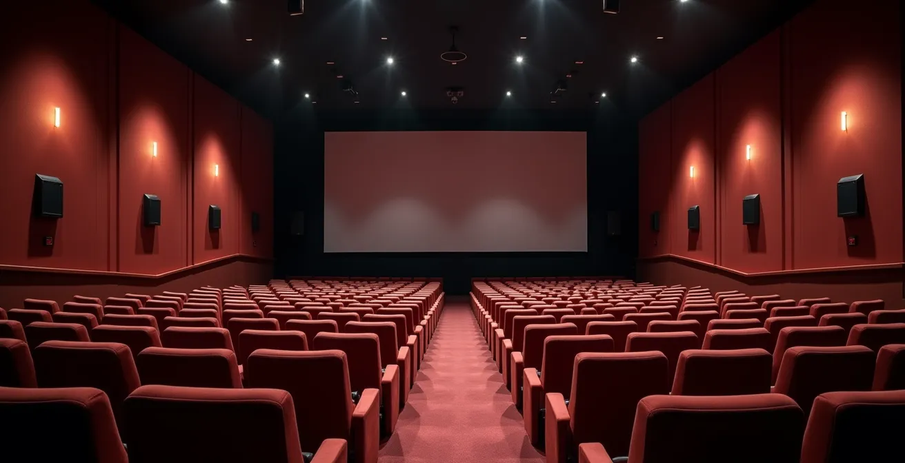 Intérieur d'une salle de cinéma française moderne avec fauteuils premium et système audio sophistiqué visible