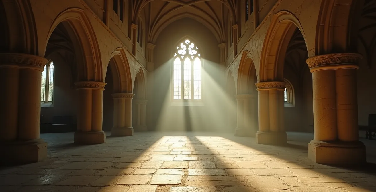 Une photographie intime de l'intérieur d'une abbaye cistercienne, mettant en évidence l'architecture de pierre brute, l'acoustique naturelle de l'espace, et la qualité de la lumière traversant les vitraux, symbolisant le silence spirituel qui règne dans ces lieux