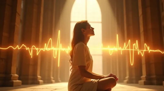 Une photographie artistique montrant une personne en état de méditation profonde entourée d'ondes sonores visuelles et de lumière dorée, symbolisant la connexion entre la musique et l'âme