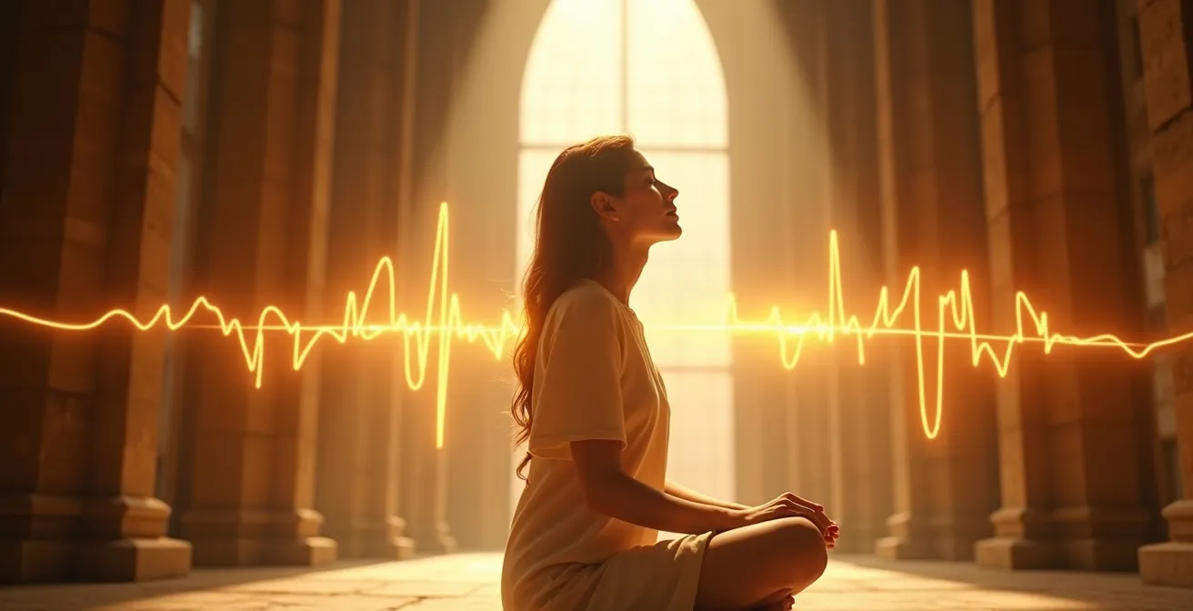 Une photographie artistique montrant une personne en état de méditation profonde entourée d'ondes sonores visuelles et de lumière dorée, symbolisant la connexion entre la musique et l'âme