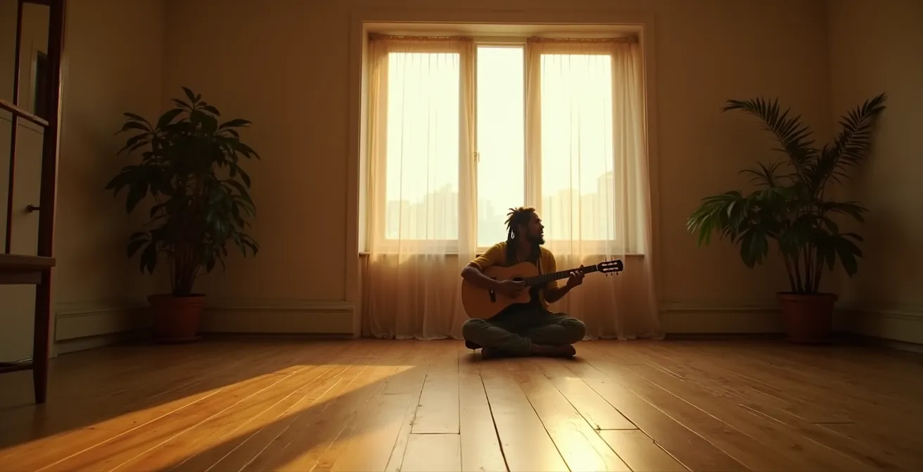 Musicien reggae français en moment introspectif, guitare et symboles spirituels syncrétiques entre tradition rasta et spiritualité européenne.