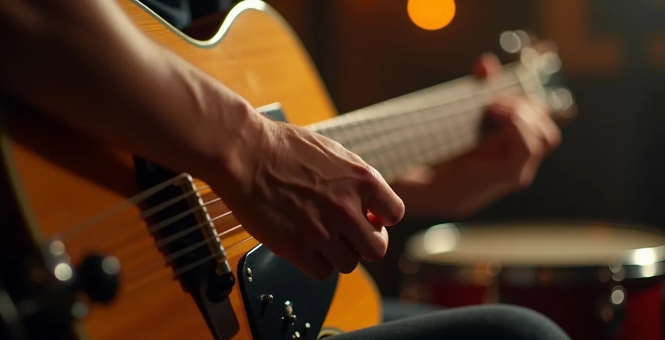 Illustration abstraite montrant le rythme swing du jazz manouche en mouvement, représentant la pompe tzigane et l'énergie corporelle