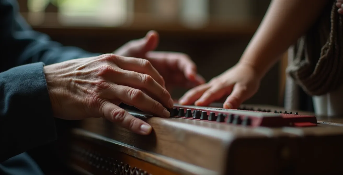 Scène évoquant la transmission musicale traditionnelle par l'écoute et l'imitation