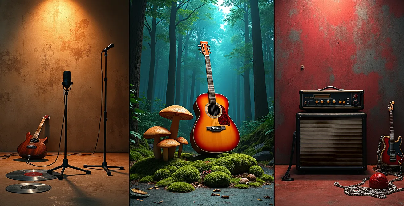 Triptyque visual representant les trois univers musicaux - rap urbain, folk acoustique melancholique, punk energique - chacun dans son espace distinctif avec objets et matieres caracteristiques